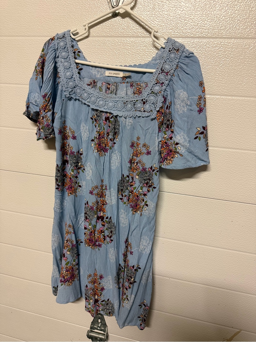 Blu Pepper Light Blue Floral Lace-Trim Mini Dress